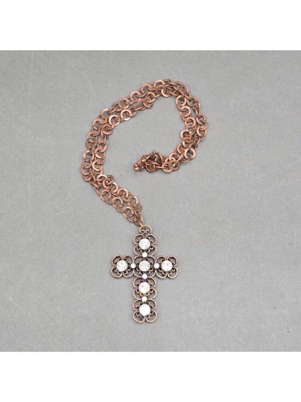 Etruscan Revival Copper Plated Stainless Steel Cross Pendant Necklace Rhinestone - Picture 8 of 9